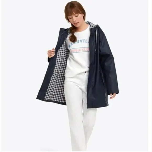 Draper James Jackets & Blazers - NWT Draper James Raincheck Waterproof Hooded Rain Jacket Navy Gingham M